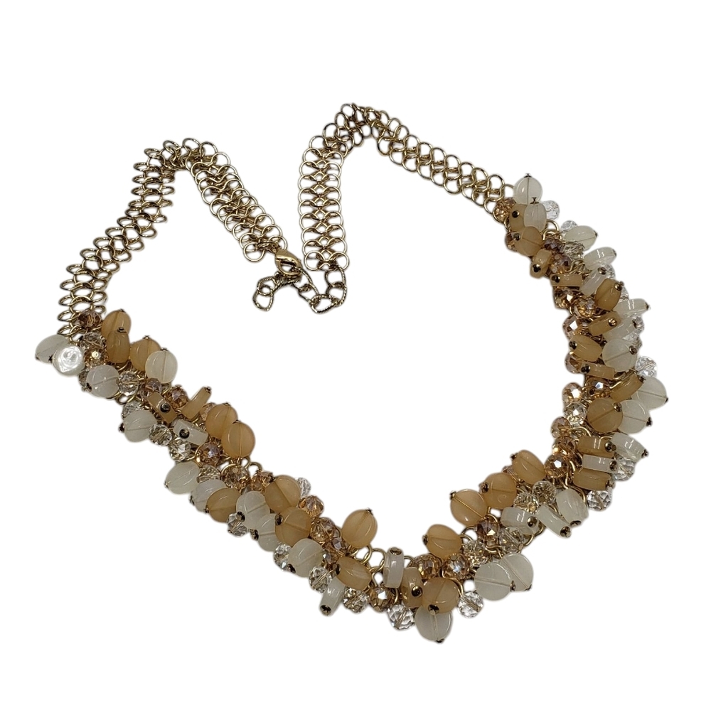 Elegant Gold Tone Chain Beaded Belt Cream Tan White Clear Beads